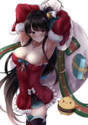 Rule 34 | &gt; &lt;, 1girl, agano (azur lane), agano (christmas eve tease) (azur lane), ahoge, armpits, arms behind head, arms up, azur lane, bare shoulders, bell, bird, black hair, black thighhighs, bow, box, breasts, chick, christmas, cleavage, collarbone, cowboy shot, detached sleeves, dress, frilled dress, frills, fur trim, gift, gift box, hair bow, hair ornament, highres, holding, large breasts, long hair, long sleeves, looking at viewer, manjuu (azur lane), numaguro (tomokun0808), red dress, red eyes, sack, santa costume, simple background, solo, standing, strapless, strapless dress, thighhighs, very long hair, white background, zettai ryouiki