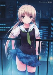 Rule 34 | 1girl, absurdres, brown eyes, brown hair, cityscape, coffee-kizoku, highres, miyagawa miyako, railing, school uniform, skirt, solo, thighhighs, twintails, wind, wind lift, worlds and world&#039;s end