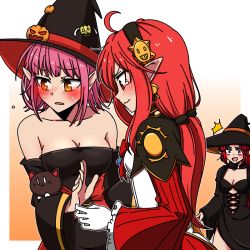 Rule 34 | 3girls, bare shoulders, blush, costume, dungeon and fighter, elementalist (dungeon and fighter), gloves, hat, jealous, long hair, looking down, mage (dungeon and fighter), multiple girls, pai (dungeon and fighter), pink hair, pointy ears, red hair, short hair, sss (komojinos3), stuffed animal, stuffed toy, upper body, witch, witch hat