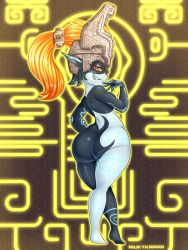 Rule 34 | 1girl, abstract background, ass, colored sclera, full body, grin, helmet, huge ass, legs, long hair, looking at viewer, midna, nintendo, orange hair, pointy ears, red eyes, riukykappa, smile, solo, standing, the legend of zelda, the legend of zelda: twilight princess, thick thighs, thighs, yellow sclera