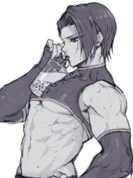 Rule 34 | 1boy, bubble tea, bubble tea challenge, crop top, drinking, elbow gloves, eyeliner, from side, gloves, hair intakes, highres, kengan (series), kengan ashura, makeup, muscular, muscular male, nikaidou ren, object on pectorals, pectorals, sleeveless, solo, sweat, upper body, xiao (creation0528)