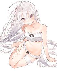 Rule 34 | 1girl, ahoge, arm support, bare arms, bare legs, bare shoulders, barefoot, black ribbon, blush, bra, breasts, bridal garter, closed mouth, collarbone, commentary request, frilled bra, frilled panties, frills, hair between eyes, hand on own thigh, hayashi kewi, long hair, looking at viewer, navel, original, panties, red eyes, ribbon, simple background, sitting, small breasts, solo, stomach, thighs, underwear, underwear only, very long hair, white background, white bra, white hair, white panties, yokozuwari