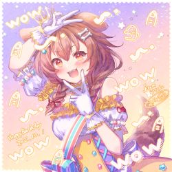 Rule 34 | 1girl, :d, animal ears, bare shoulders, blush, bone hair ornament, braid, breasts, brown hair, cartoon bone, commentary request, crown, dated, dog ears, dog girl, dog tail, double v, frilled sleeves, frills, hair ornament, hair over shoulder, hair ribbon, happy birthday, highres, hololive, inugami korone, inugami korone (saikyo tensai wonderful world of korone), ittokyu, listener (inugami korone), long hair, low twintails, medium breasts, mini crown, open mouth, puffy short sleeves, puffy sleeves, red eyes, red ribbon, ribbon, shirt, short sleeves, smile, solo, tail, twin braids, twintails, v, v over mouth, virtual youtuber, white shirt, white sleeves