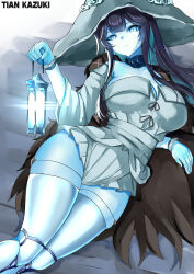 1girl absurdres arbiter_the_tower_xvi_(azur_lane) azur_lane bare_shoulders black_hair blue_eyes blue_hair blue_skin breasts colored_skin commentary commission cosplay dress elden_ring english_commentary expressionless frown hair_between_eyes hand_up hat highres hip_focus holding holding_lantern lantern legs_together long_hair medium_breasts multicolored_hair pixiv_commission ranni_the_witch ranni_the_witch_(cosplay) solo thighs tian_kazuki two-tone_hair very_long_hair