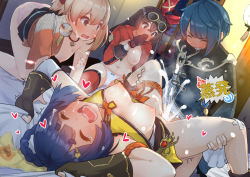 Rule 34 | 1boy, 3girls, all fours, amber (genshin impact), bandaid, bandaid on knee, bandaid on leg, bed sheet, bedroom, black gloves, blonde hair, blue hair, blush, braid, breasts, brown hair, china dress, chinese clothes, choker, clenched teeth, closed eyes, clothed sex, covering own mouth, cum, cum in pussy, cum overflow, dress, ejaculation, fingerless gloves, frilled sleeves, frills, genshin impact, gloves, goggles, group sex, guoba (genshin impact), hair ornament, hairband, hairclip, heart, hetero, highres, indoors, jacket, japanese clothes, kimono, london delly &amp; burry, long sleeves, lying, missionary, multiple girls, nipples, on back, on bed, open mouth, panties, pink panties, sarashi, sex, sheet grab, short hair, small breasts, spread legs, striped clothes, striped panties, sweat, tattoo, teeth, thighhighs, twin braids, underwear, unworn panties, vaginal, watching, window, xiangling (genshin impact), xingqiu (genshin impact), yellow panties, yoimiya (genshin impact)