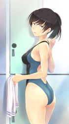 Rule 34 | 1girl, amagami, ass, black eyes, black hair, blush, competition swimsuit, from behind, highres, long hair, looking back, one-piece swimsuit, open mouth, ponytail, short ponytail, solo, swimsuit, towel, tsukahara hibiki, wa (genryusui)