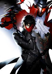 Rule 34 | 1boy, amamiya ren, arsene (persona 5), black hair, black jacket, chain, claws, collar, commentary, english commentary, gloves, grey eyes, gun, hand on own face, holding, holding gun, holding weapon, horns, jacket, male focus, messy hair, mi8pq, persona, persona 5, red gloves, simple background, waistcoat, weapon, white neckwear, wings
