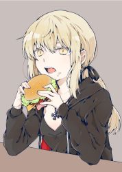 Rule 34 | 1girl, :o, artoria pendragon (all), artoria pendragon (fate), black shirt, blonde hair, burger, cross, cross necklace, eating, elbows on table, fate/grand order, fate (series), food, food on face, grey background, hair between eyes, highres, holding, holding food, jewelry, kurumikko, long hair, long sleeves, looking at viewer, millipen (medium), necklace, official alternate costume, saber alter, saber alter (ver. shinjuku 1999) (fate), shirt, sidelocks, simple background, solo, traditional media, upper body, very long hair, yellow eyes