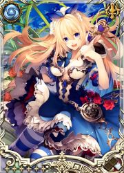 Rule 34 | 1girl, :d, alice (alice in wonderland), alice in wonderland, blonde hair, blue dress, blue eyes, border, bow, breasts, card (medium), cleavage, collarbone, cowboy shot, dress, hair bow, hair ornament, long hair, looking at viewer, magnus ignis, nekonabe ao, open mouth, pocket watch, rabbit, skirt, smile, solo, striped clothes, striped thighhighs, thighhighs, watch