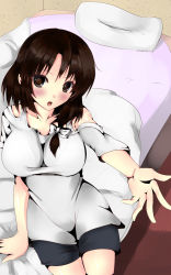 Rule 34 | 1girl, bed, bow, brown eyes, brown hair, hair bow, highres, mizuki (satukisen), no headwear, on bed, open mouth, outstretched hand, sitting, solo, touhou, usami renko