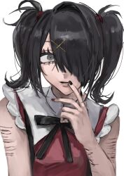 Rule 34 | 1girl, ame-chan (needy girl overdose), black hair, black nails, black ribbon, collared shirt, cuts, grey eyes, hair ornament, hair over one eye, hair tie, hairclip, hand to own mouth, hand up, highres, injury, looking at viewer, multicolored nails, muted color, nail polish, neck ribbon, needy girl overdose, parted lips, red nails, red shirt, ribbon, sanmanako, scar, scar on arm, self-harm, self-harm scar, shirt, simple background, solo, twintails, upper body, white background, wrist cutting, x hair ornament