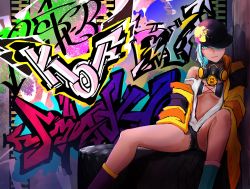 Rule 34 | 1girl, baseball cap, blue hair, breasts, choker, cleavage, dark-skinned female, dark skin, disembodied hand, earrings, green eyes, hat, highres, isla (kof), jacket, jewelry, leg tattoo, light blue hair, long hair, looking at viewer, mask, mask around neck, multicolored hair, oversized clothes, paint, ponytail, respirator, solo, tattoo, the king of fighters, the king of fighters xv, yuu (primenumber7)