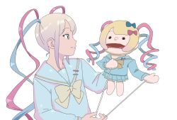 Rule 34 | 1girl, blonde hair, blue bow, blue eyes, blue hair, blue serafuku, blue shirt, blue skirt, bow, character doll, chouzetsusaikawa tenshi-chan, doppelschwert, hair bow, hair ornament, hashtag-only commentary, heart, heart hair ornament, highres, holding, long hair, long sleeves, multicolored hair, multiple hair bows, needy girl overdose, open mouth, pink bow, pink hair, pleated skirt, profile, puppet, purple bow, quad tails, sailor collar, school uniform, serafuku, shirt, simple background, skirt, smile, solo, upper body, white background, yellow bow