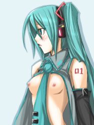 Rule 34 | 1girl, aqua hair, aqua necktie, arms at sides, blouse, blue background, breasts, collared shirt, female focus, grey shirt, hatsune miku, long hair, medium breasts, necktie, nipples, open clothes, open shirt, ribi, shirt, simple background, solo, tattoo, twintails, very long hair, vocaloid