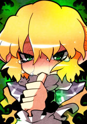 Rule 34 | 1girl, 221 (tsutsuichi), absurdres, arm warmers, biting, black shirt, blonde hair, brown jacket, commentary request, crying, crying with eyes open, green background, green eyes, half updo, highres, jacket, looking at viewer, mizuhashi parsee, multicolored clothes, multicolored jacket, pointy ears, scarf, shirt, short hair, solo, tears, thumb biting, touhou, upper body, white scarf