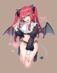 Rule 34 | 1girl, :d, black horns, black nails, black skirt, black wings, brown background, cosplay, demon girl, demon horns, demon tail, demon wings, fingernails, frilled skirt, frills, full body, green eyes, heart, highres, horns, kitagawa marin, long hair, looking at viewer, midriff, miniskirt, nail polish, navel, open mouth, pointy ears, red hair, rizu-kyun, simple background, skirt, smile, solo, sono bisque doll wa koi wo suru, tail, twintails, wings, yunweishukuang