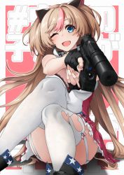 Rule 34 | 1girl, absurdres, text background, bare shoulders, bell, blush, breasts, clothing cutout, collar, feet out of frame, fingerless gloves, full body, garter straps, girls&#039; frontline, gloves, gun, handgun, heart cutout, highres, jingle bell, leotard, looking at viewer, mk23 (girls&#039; frontline), mk 23 pistol, nakiusagi, one eye closed, pistol, sitting, sleeveless, smile, solo, tail, thighhighs, translation request, weapon, white garter straps, white thighhighs