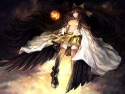 Rule 34 | 1girl, arm cannon, black wings, breasts, brown eyes, brown hair, cloud, female focus, flying, geppewi, highres, long hair, navel, no bra, open clothes, open shirt, reiuji utsuho, shirt, skirt, solo, thighhighs, touhou, weapon, wings, zettai ryouiki