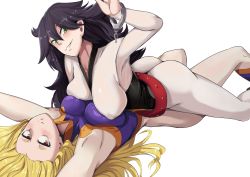 Rule 34 | 2girls, armpits, ass, asymmetrical docking, bad id, bad pixiv id, belt, black hair, blonde hair, blush, bodysuit, boku no hero academia, breast press, breasts, brown eyes, closed mouth, cuffs, forehead, green eyes, hair between eyes, highres, large breasts, long hair, looking at viewer, lying, midnight (boku no hero academia), mount lady, multiple girls, nico-mo, on back, simple background, smile, mount lady, white background