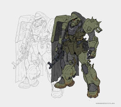 Rule 34 | alternate design, ammunition pouch, armor, cyclops, dirty footwear, dust, explosive, gas mask, geara zulu, glowing, glowing eye, green armor, grenade, gun, gun sling, gundam, highres, hood, mask, mecha, military, nomansnodead, one-eyed, outline, pauldrons, pouch, red eyes, respirator, rifle, robot, science fiction, shoulder armor, shoulder spikes, spiked pauldrons, spikes, stick grenade, tube, weapon, white background, white outline
