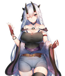 Rule 34 | 1girl, belt, breasts, brown eyes, chixiao, fingerless gloves, gloves, hair between eyes, hair ornament, highres, horns, large breasts, looking at viewer, oni, original, shorts, silver hair, solo, thighhighs