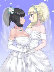 Rule 34 | 2girls, aged up, alternate breast size, bare arms, bare shoulders, black eyes, black hair, blonde hair, braid, breasts, bridal veil, bride, cleavage, cowboy shot, creatures (company), dress, elbow gloves, eye contact, french braid, game freak, gloves, gradient background, green eyes, high ponytail, large breasts, lillie (pokemon), long hair, looking at another, medium breasts, mizuumi (bb), multiple girls, nintendo, no bra, petals, pokemon, pokemon sm, same sex marriage, selene (pokemon), short hair, short ponytail, simple background, smile, standing, strapless, strapless dress, swept bangs, veil, wedding dress, white gloves, wife and wife, yuri