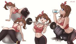Rule 34 | 1girl, aikuxa, ass, ball, blue eyes, bottle, breasts, brown hair, butt crack, cameltoe, cleavage, creatures (company), drinking, dumbbell, exercising, exercise ball, game freak, hairband, highres, large breasts, leggings, lying, may (pokemon), midriff, navel, nintendo, no panties, on stomach, pokemon, pokemon oras, solo focus, spill, tank top, water, water bottle
