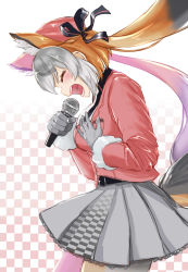 Rule 34 | 1girl, animal ears, beret, black necktie, black shirt, collared shirt, cowboy shot, extra ears, fox ears, fox girl, fox tail, frilled skirt, frills, fur trim, gloves, grey gloves, grey hair, grey pantyhose, grey skirt, hair tie, hat, highres, island fox (kemono friends), jacket, kemono friends, kemono friends v project, kotons, long sleeves, microphone, multicolored hair, music, necktie, official alternate costume, orange hair, orange pantyhose, pantyhose, pink hat, pink jacket, pleated skirt, shirt, short hair, singing, skirt, solo, tail, twintails, two-tone hair, two-tone legwear, virtual youtuber, white fur