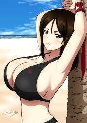 Rule 34 | 1girl, armpits, arms up, beach, bikini, black bikini, black hair, blue eyes, blush, breasts, bukkuri, cleavage, dated, girls und panzer, highres, huge breasts, looking at viewer, navel, nonna (girls und panzer), ocean, open mouth, outdoors, smile, solo, swimsuit, upper body