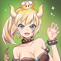 Rule 34 | 1girl, armlet, bad id, bad twitter id, bare shoulders, black dress, blonde hair, blue brooch, blue eyes, bowsette, bracelet, breasts, claw pose, cleavage, collar, collarbone, crown, dress, earrings, fangs, fingernails, glint, gradient background, green background, hair between eyes, horns, jewelry, large breasts, long fingernails, looking at viewer, mario (series), mini crown, nintendo, nyanafk, open mouth, ponytail, sparkle, spiked armlet, spiked bracelet, spiked collar, spiked tail, spikes, strapless, strapless dress, super crown, tail, upper body, v-shaped eyebrows