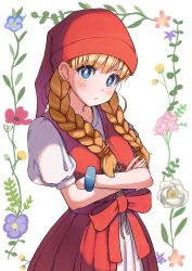 Rule 34 | 1girl, blonde hair, blue eyes, blush, bracelet, braid, bright pupils, closed mouth, crossed arms, dragon quest, dragon quest xi, highres, jewelry, long hair, looking at viewer, neko (hansinn), puffy short sleeves, puffy sleeves, short sleeves, solo, square enix, twin braids, upper body, veronica (dq11), white pupils