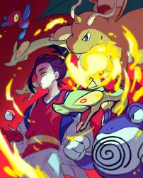 Rule 34 | 1boy, absurdres, bebekichi 0413, black hair, breath weapon, breathing fire, closed mouth, creatures (company), dragonite, fire, game freak, gen 1 pokemon, gen 4 pokemon, gloves, hand in pocket, highres, hydrapple, jacket, kieran (pokemon), long sleeves, male focus, mole, mole on neck, multicolored hair, nintendo, open clothes, open jacket, open mouth, partially fingerless gloves, poke ball, poke ball (basic), pokemon, pokemon (creature), pokemon sv, poliwrath, porygon-z, purple hair, red gloves, red tank top, simple background, tank top, white jacket