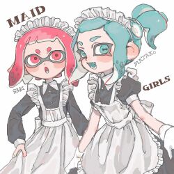 2girls :d :o apron back_bow black_dress blue_eyes blue_hair blue_pupils blue_tongue blush_stickers bow cephalopod_eyes collared_dress colored_tongue commentary_request dress fangs frilled_apron frills highres horizontal_pupils inkling inkling_girl inkling_player_character long_sleeves looking_at_viewer maid maid_apron maid_headdress multiple_girls nintendo octoling octoling_girl octoling_player_character open_mouth pink_eyes pink_hair pointy_ears ponytail puffy_long_sleeves puffy_sleeves red_pupils short_eyebrows short_hair simple_background skirt_hold smile splatoon_(series) suction_cups suuuuk_z0 tentacle_hair thick_eyebrows upper_body v-shaped_eyebrows white_apron white_background white_bow