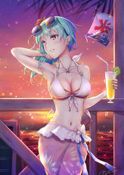 Rule 34 | 1girl, akizora mona, arm behind head, armpits, bare shoulders, bikini, breasts, champagne flute, cleavage, collarbone, commentary, cowboy shot, cup, drinking glass, drinking straw, eyewear on head, floral print, food, front-tie bikini top, front-tie top, fruit, green hair, hand in own hair, highres, holding, holding cup, jewelry, kiwi (fruit), large breasts, looking to the side, medium hair, nail polish, navel, necklace, novady, original, purple nails, purple skirt, shiny skin, signature, skirt, solo, stomach, sunglasses, sunset, swimsuit, water, water drop