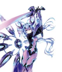 Rule 34 | 1girl, blue eyes, blush, bodysuit, breasts, covered navel, female focus, hair between eyes, headgear, highres, holding, holding weapon, long hair, looking at viewer, medium breasts, neptune (neptunia), neptune (series), next form, next purple, official art, power symbol-shaped pupils, purple hair, purple heart (neptunia), shin jigen game neptune vii, simple background, smile, solo, symbol-shaped pupils, tsunako, very long hair, weapon, white background, wings