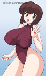 Rule 34 | 1girl, absurdres, alternate breast size, bare legs, bare shoulders, breasts, brown eyes, brown hair, brown one-piece swimsuit, casual one-piece swimsuit, covered navel, curvy, gradient background, grin, highleg, highleg swimsuit, highres, large breasts, lips, lipstick, looking at viewer, makeup, nipples, one-piece swimsuit, open mouth, ranma 1/2, short hair, signature, smile, solo, swimsuit, tendou nabiki, toshiso (artist), v