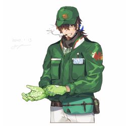 Rule 34 | 1boy, adjusting clothes, adjusting gloves, alternate costume, belt, brown eyes, brown hair, collar, cowboy shot, facial hair, fate/grand order, fate (series), gloves, goatee, goya (xalbino), green gloves, green jacket, hair over one eye, hair ribbon, hector (fate), jacket, long sleeves, looking at viewer, male focus, manly, pants, ponytail, ribbon, signature, smoke, smoking, solo, upper body, white pants