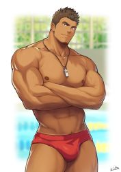 Rule 34 | 1boy, absurdres, artist name, bara, brown hair, bulge, collarbone, cowboy shot, crossed arms, facial hair, goatee, highres, lanyard, light smile, looking at viewer, male focus, male swimwear, muscular, muscular male, navel, navel hair, nipples, original, paid reward available, pectorals, red male swimwear, short hair, shorts tan, signature, solo, spiked hair, standing, swim briefs, tan, tanline, whistle, whistle around neck, zifu