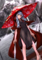 Rule 34 | 1girl, barefoot, black skirt, blue hair, breasts, cloak, dutch angle, floral print, grey background, holding, holding sword, holding weapon, long hair, looking at viewer, outdoors, puddle, rain, red hood, red umbrella, rinsenjakusou, sheath, skirt, small breasts, standing, sword, touran-sai, weapon, yellow eyes
