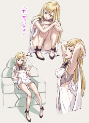 Rule 34 | 1girl, arms up, black footwear, black ribbon, blonde hair, blue eyes, breasts, covered erect nipples, cup, dress, drinking glass, earrings, gigi andalusia, gundam, gundam hathaway&#039;s flash, highres, hip vent, jewelry, long hair, looking at viewer, open mouth, panties, pantyshot, pink lips, ribbon, shadow, shoes, short dress, simple background, sitting, small breasts, squatting, straight hair, suzuki24, swept bangs, tongue, tongue out, underwear, white background, white dress, white panties, wine glass