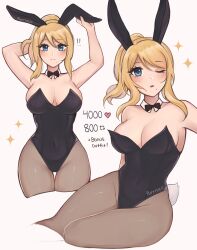 Rule 34 | 1girl, alternate costume, animal ears, bare arms, bare shoulders, black bow, black bowtie, black leotard, blonde hair, blue eyes, bow, bowtie, breasts, cleavage, commentary, detached collar, english commentary, fake animal ears, fake tail, grey background, groin, highres, large breasts, leotard, long hair, looking at viewer, metroid, multiple views, nintendo, one eye closed, pantyhose, parted lips, playboy bunny, ponytail, purrlucii, rabbit ears, rabbit tail, samus aran, simple background, sitting, strapless, strapless leotard, tail, thick thighs, thighs, wide hips
