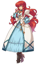 Rule 34 | 1girl, blue eyes, boots, coat, dress, full body, hand on own hip, high cavalier (wild arms xf), highres, jewelry, juliet sleeves, long hair, long sleeves, official art, puffy sleeves, red hair, ringlets, sasaki tomomi, sidelocks, smile, solo, white background, wild arms, wild arms xf