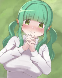 Rule 34 | 1girl, aroshe, blunt bangs, breasts, futaba sana, green eyes, green hair, large breasts, looking at viewer, magia record: mahou shoujo madoka magica gaiden, mahou shoujo madoka magica, medium hair, own hands clasped, own hands together, sara (arorasyeimi), sidelocks, simple background, smile, solo, sweater, twintails, two side up
