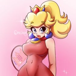 Rule 34 | 1girl, artist name, bare shoulders, blonde hair, blue eyes, blue gemstone, breasts, brooch, covered navel, crown, crown (symbol), dress, earrings, eyelashes, gem, highres, holding, holding racket, jewelry, large breasts, lips, looking at viewer, mario (series), mario tennis, mickeyn163, nintendo, parted lips, pink background, pink dress, pink lips, ponytail, princess peach, racket, short hair, sleeveless, sleeveless dress, solo, sparkle, tennis racket, thick eyebrows, thick lips, twitter username