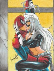 Rule 34 | 1boy, 1girl, 2022, black bodysuit, black cat (marvel), blue bodysuit, bodysuit, breasts, carrying, carrying against hip, choker, cleavage, closed eyes, couple, felicia hardy, hand on another&#039;s head, hand on another&#039;s hip, hetero, highres, kiss, large breasts, marvel, navel, peter parker, ravernclouk design, red bodysuit, sideboob, spider-man, spider-man (series), thick thighs, thighs, traditional media, two-tone bodysuit, white hair