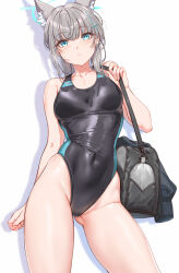 Rule 34 | 1girl, animal ear fluff, animal ears, aqua eyes, arm behind back, bag, bare arms, bare shoulders, black bag, blue archive, blush, breasts, collarbone, commentary, covered navel, cross hair ornament, ear piercing, fangxiang cuoluan, gluteal fold, grey hair, hair ornament, halo, highleg, highleg swimsuit, highres, jacket, large breasts, looking at viewer, parted lips, piercing, shiroko (blue archive), shiroko (swimsuit) (blue archive), simple background, solo, swimsuit, thighs, unworn jacket, white background, wolf ears