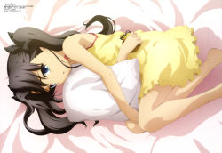 Rule 34 | 1girl, absurdres, aged down, barefoot, black hair, blue eyes, child, crying, fate/stay night, fate/zero, fate (series), frills, highres, kikuchi shun&#039;ya, long hair, long legs, lying, megami magazine, non-web source, official art, on side, pajamas, pillow, pocket watch, scan, solo, tears, tohsaka rin, twintails, watch