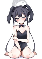 1girl absurdres animal_ears bare_legs barefoot black_bow black_bowtie black_hair black_leotard blue_archive bow bowtie breasts detached_collar double_bun grey_eyes hair_bun highres kisaki_(blue_archive) leotard long_hair playboy_bunny rabbit_ears rabbit_tail shijimi_(sijimi1917) simple_background sitting small_breasts solo strapless strapless_leotard tail twintails wariza white_background