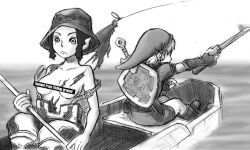 Rule 34 | 1boy, 1girl, bar censor, boat, breasts, censored, eggycomics, fishing rod, greyscale, hat, hena, holding, holding fishing rod, hylian shield, link, lure, medium breasts, monochrome, nintendo, pointy ears, shield, shield on back, sword, tearing clothes, the legend of zelda, the legend of zelda: twilight princess, torn clothes, watercraft, weapon