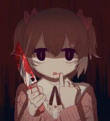 Rule 34 | 1girl, absurdres, avogado6, black hair, blood, blood on face, blood on hands, bloody knife, bow, brown hair, commentary, dark background, english commentary, hair bow, hair ornament, hairclip, hand on own face, heart, highres, holding, holding knife, jitome, kawaii girl (avogado6), knife, long sleeves, looking at viewer, open mouth, original, parted lips, portrait, red background, reflection, shaded face, simple background, solo, twintails